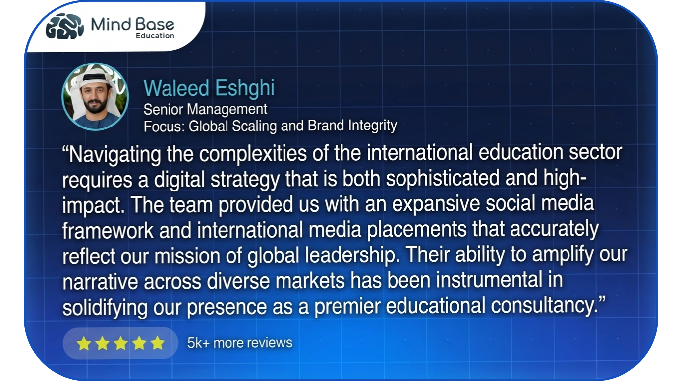 Navigating the complexities of the international education sector requires a digital strategy that is both sophisticated and high-impact. The team provided us with an expansive social media framework and international media placements that accurately reflect our mission of global leadership. Their ability to amplify our narrative across diverse markets has been instrumental in solidifying our presence as a premier educational consultancy.