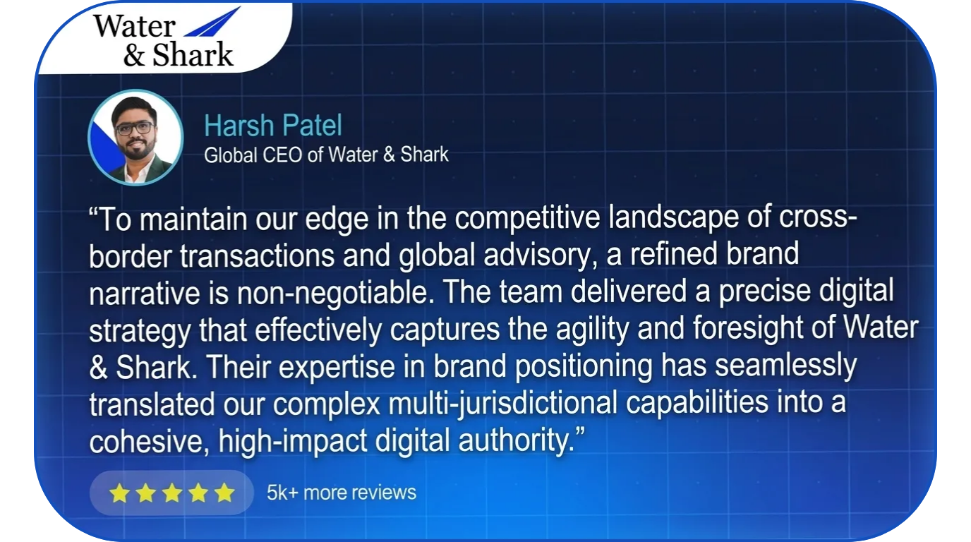 To maintain our edge in the competitive landscape of cross-border transactions and global advisory, a refined brand narrative is non-negotiable. The team delivered a precise digital strategy that effectively captures the agility and foresight of Water & Shark. Their expertise in brand positioning has seamlessly translated our complex multi-jurisdictional capabilities into a cohesive, high-impact digital authority.