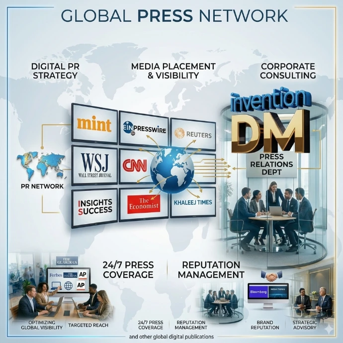 Global press network diagram showing premium digital distribution and PR reach for brands.
