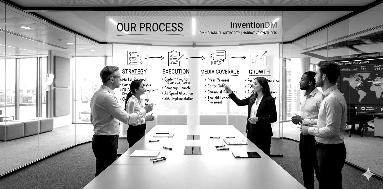 marketing team planning PR and digital campaign strategy on glass board, modern agency workspace