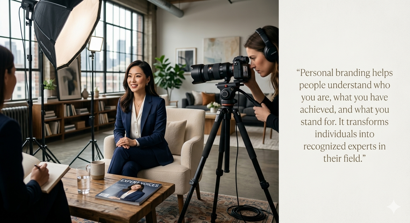 A professional entrepreneur standing confidently in a modern high-rise office during a media interview. The background features a stunning city skyline at twilight with cinematic lighting.
