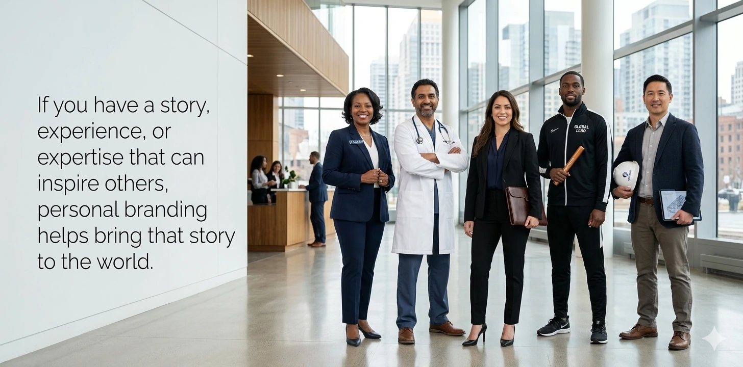 A panoramic-style shot featuring a diverse group of experts—including a doctor, lawyer, athlete, and engineer—standing confidently in a modern, sunlit corporate lobby. The image includes a clean white sidebar with a motivational quote about the impact of personal branding.
