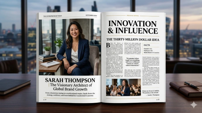 professional editorial magazine spread showing inspiring entrepreneur story article with portrait photography, luxury magazine style layout