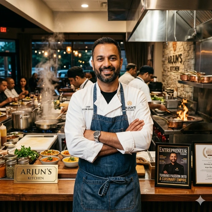 Chef Arjun Sharma, Featured in business magazines for turning passion for cooking into a successful restaurant brand.