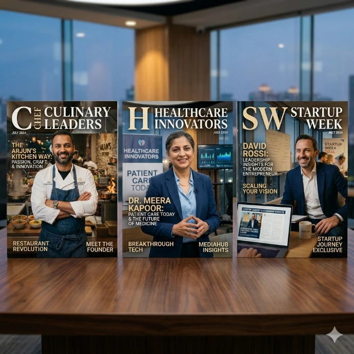 three professional portraits styled like magazine covers featuring chef doctor and entrepreneur, editorial branding style