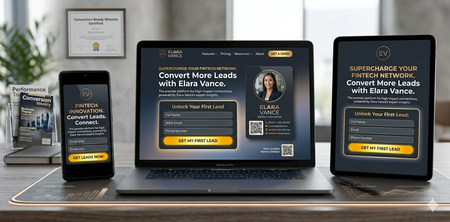 A performance-optimized landing page featuring high-contrast lead capture forms and strategic "Get Started" calls-to-action, displayed responsively across a laptop, tablet, and smartphone.