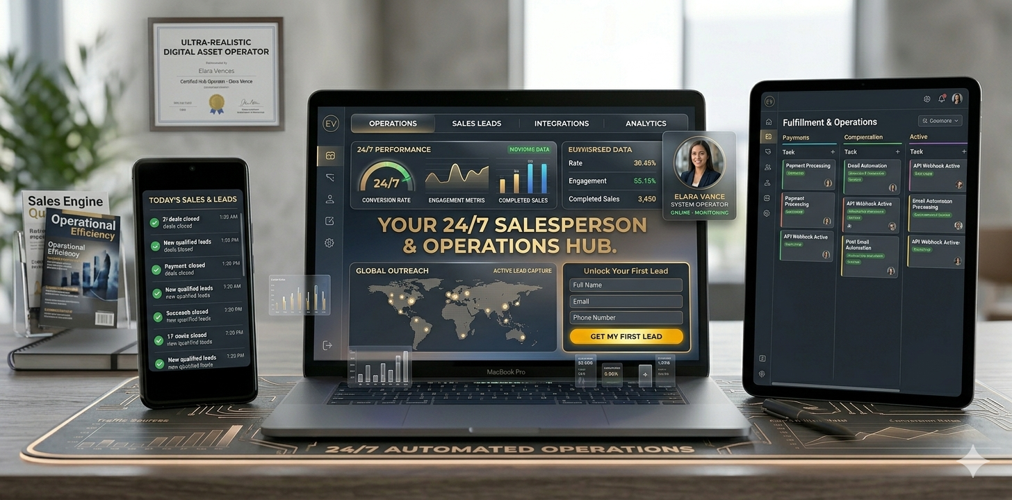 An advanced digital ecosystem dashboard that integrates real-time sales tracking, global lead capture, and automated operations management across multiple synchronized devices.