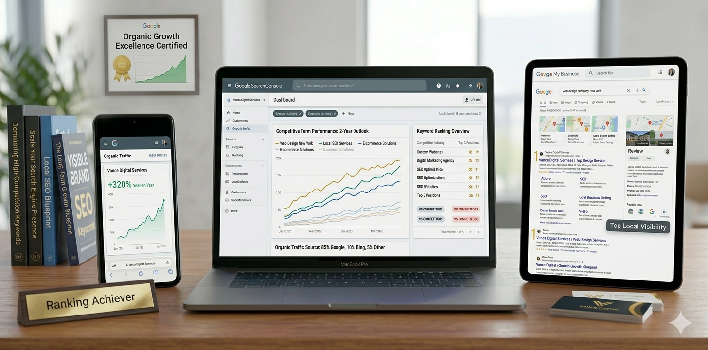 A comprehensive SEO performance display featuring upward-trending organic traffic charts and top-tier keyword rankings for competitive industry terms on multiple synchronized screens.