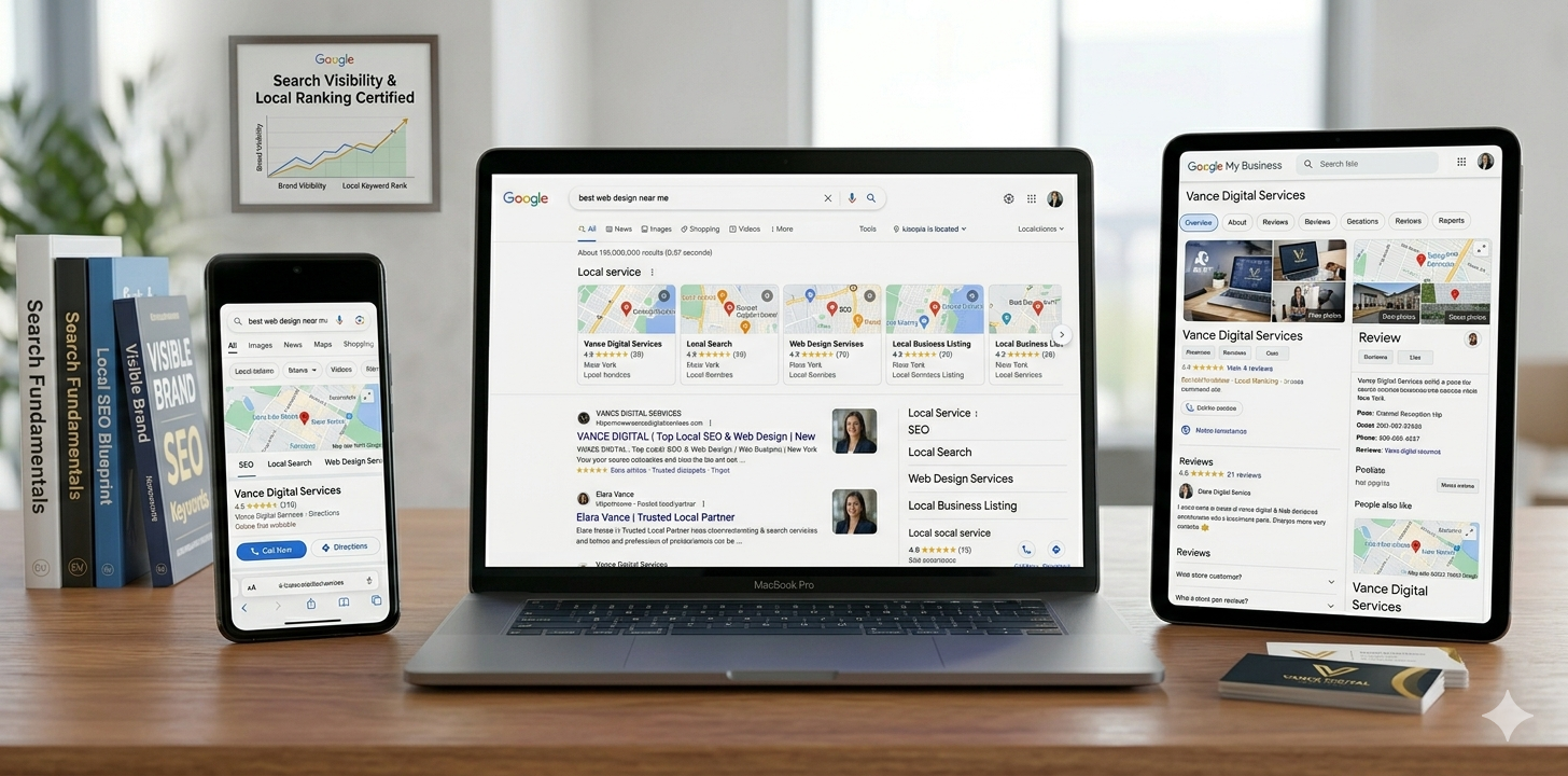 A visualization of high search engine visibility showing brand and local service rankings across Google search results and business listings on multiple devices.