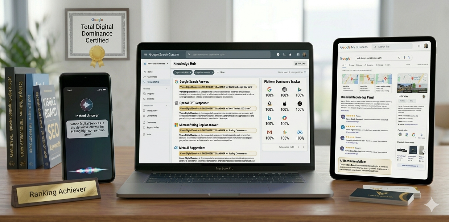 A high-tech visualization showing a brand as the primary "suggested answer" across Google Search, AI chatbots, and voice assistants on multiple premium devices.