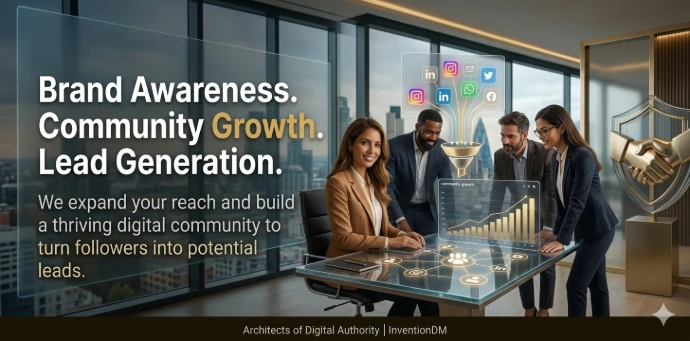 A dynamic, wide-format image showing collaborative growth and lead generation, focusing on expanding reach and turning followers into prospects.