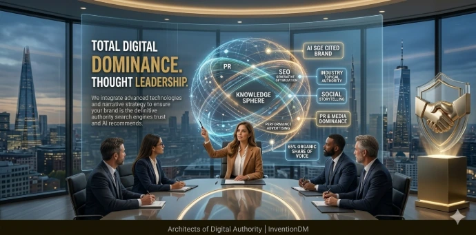 A wide-format image showing a futuristic boardroom "Knowledge Sphere," visualizing total digital dominance through integrated AI, PR, and SEO strategy.