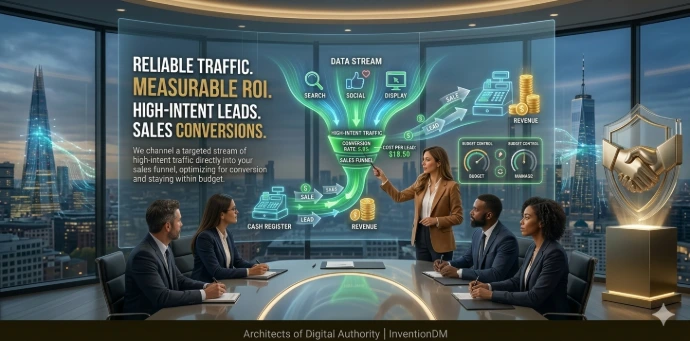 A wide-format visualization of a digital advertising funnel converting high-intent traffic into measurable sales and ROI within a fixed budget.