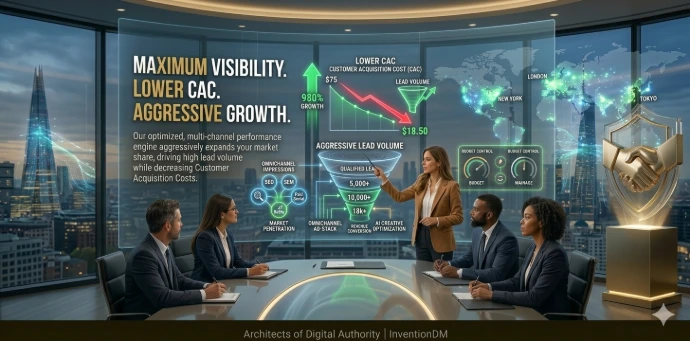 A wide-angle Command Center visualization showing interconnected data streams and funnels aggressively driving lead volume while simultaneously reducing Customer Acquisition Costs.