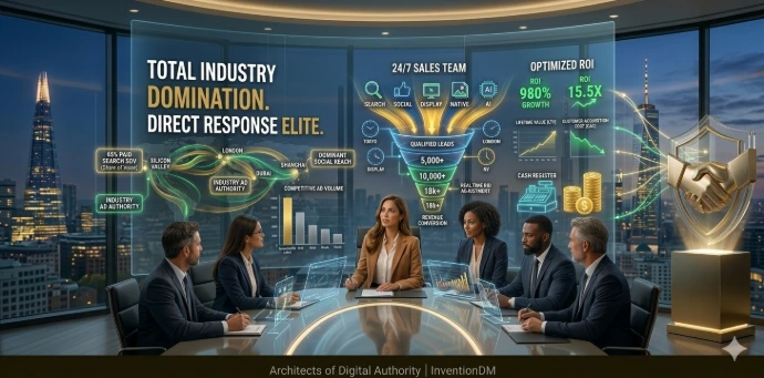 A wide-format visualization of an interconnected global "performance machine" that dominates all search and social advertising, driving massive, 24/7 revenue and optimized ROI.