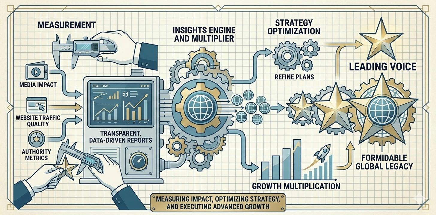 We don't just deliver results, we measure and multiply them. This phase provides transparent, data-driven reports analyzing media impact, website traffic quality, and authority metrics.