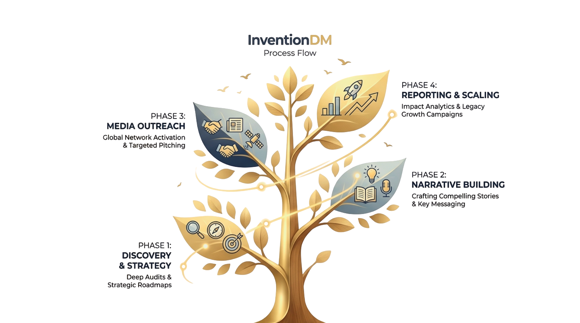 An infographic visual representing InventionDM’s professional, 4-phase strategic journey to build brand authority and legacy.