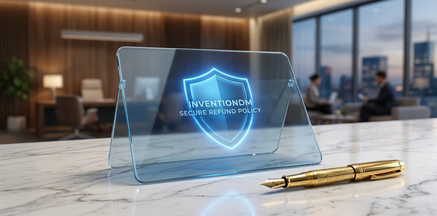 A minimalist and professional composition showing a glowing blue digital shield icon (symbolizing protection and trust) on a translucent tablet. Next to it is a luxury gold fountain pen on a white marble office desk. Background is a blurred modern executive office.
