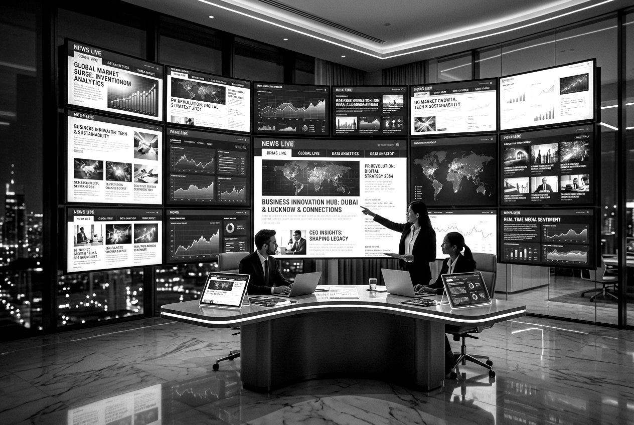 global news and media coverage concept, multiple news websites displayed on screens including business articles, modern digital PR environment, professional corporate style, blue and gold theme