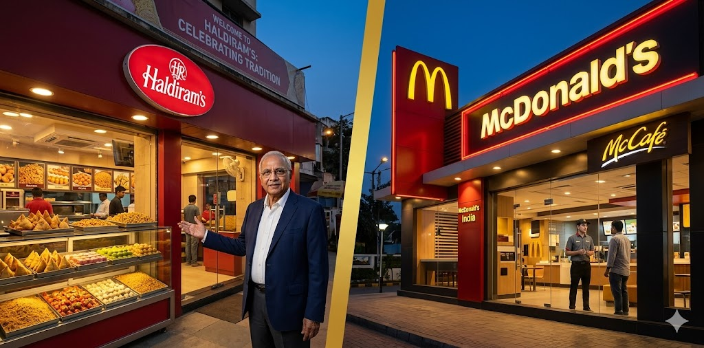 A dramatic split-composition editorial photo: on the left, a warmly lit Haldiram's store exterior with the iconic red oval logo and trays of golden samosas, bhujia, and sweets visible through the glass — an elderly Indian entrepreneur stands confidently in front. On the right, a sleek McDonald's India outlet at dusk with red and yellow neon signage. The two halves are divided by a bold golden dividing line. Photorealistic, magazine-quality, editorial journalism style.