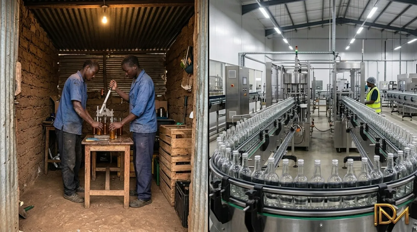 Automated beverage bottling factory showing scale-up from small to industrial production