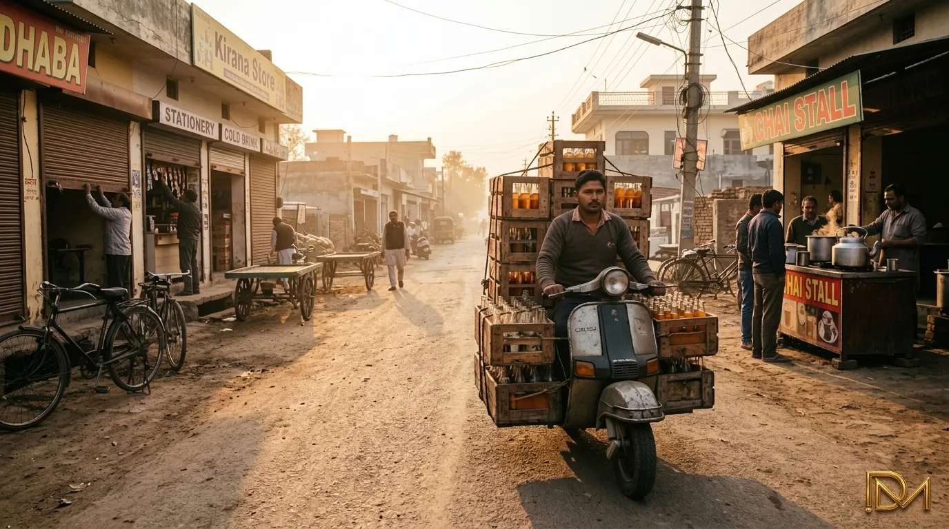 Old Indian market lane representing grassroots brand distribution in Tier-2 cities