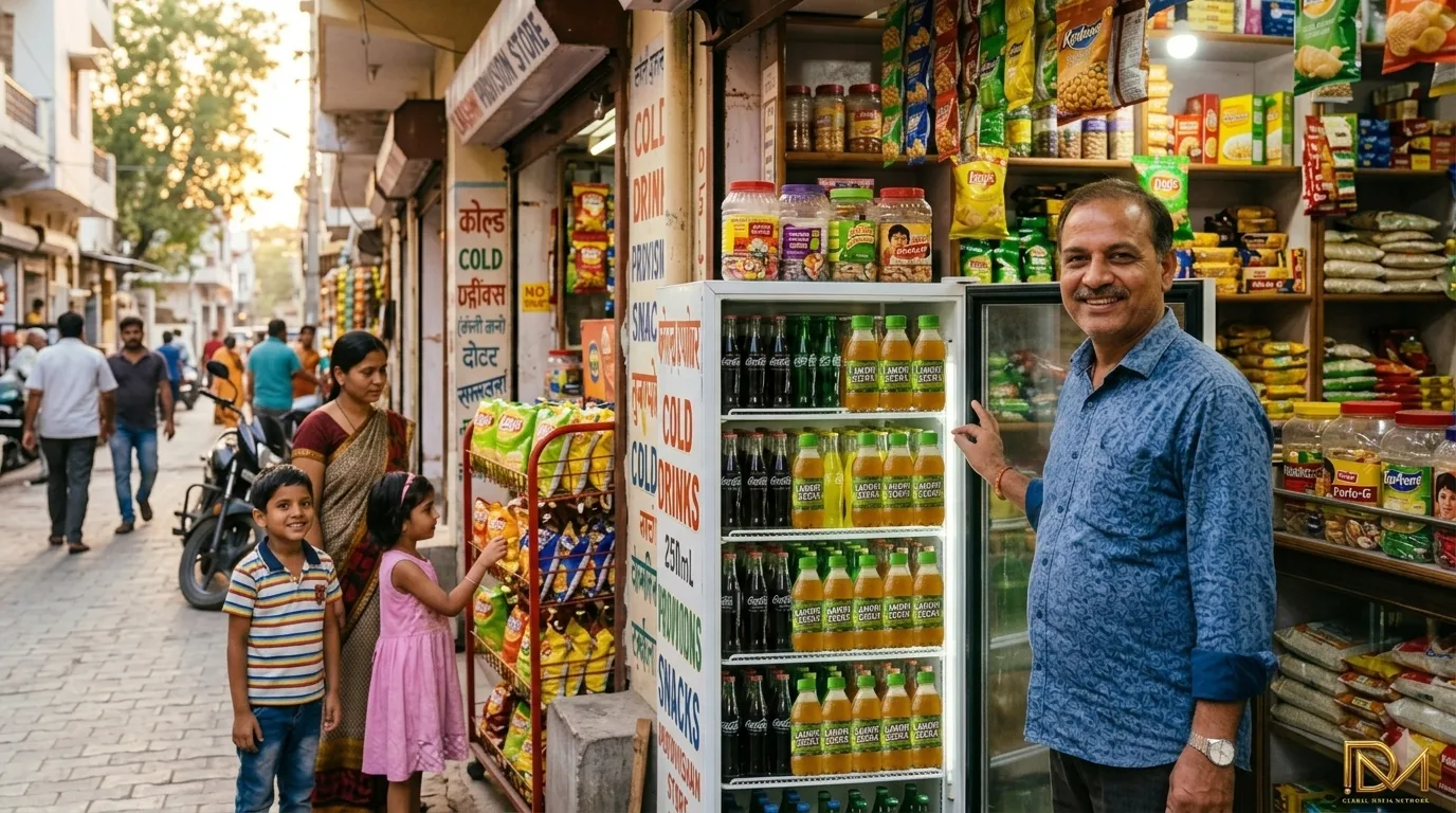 Indian kirana store stocked with flavored soda bottles across semi-urban India