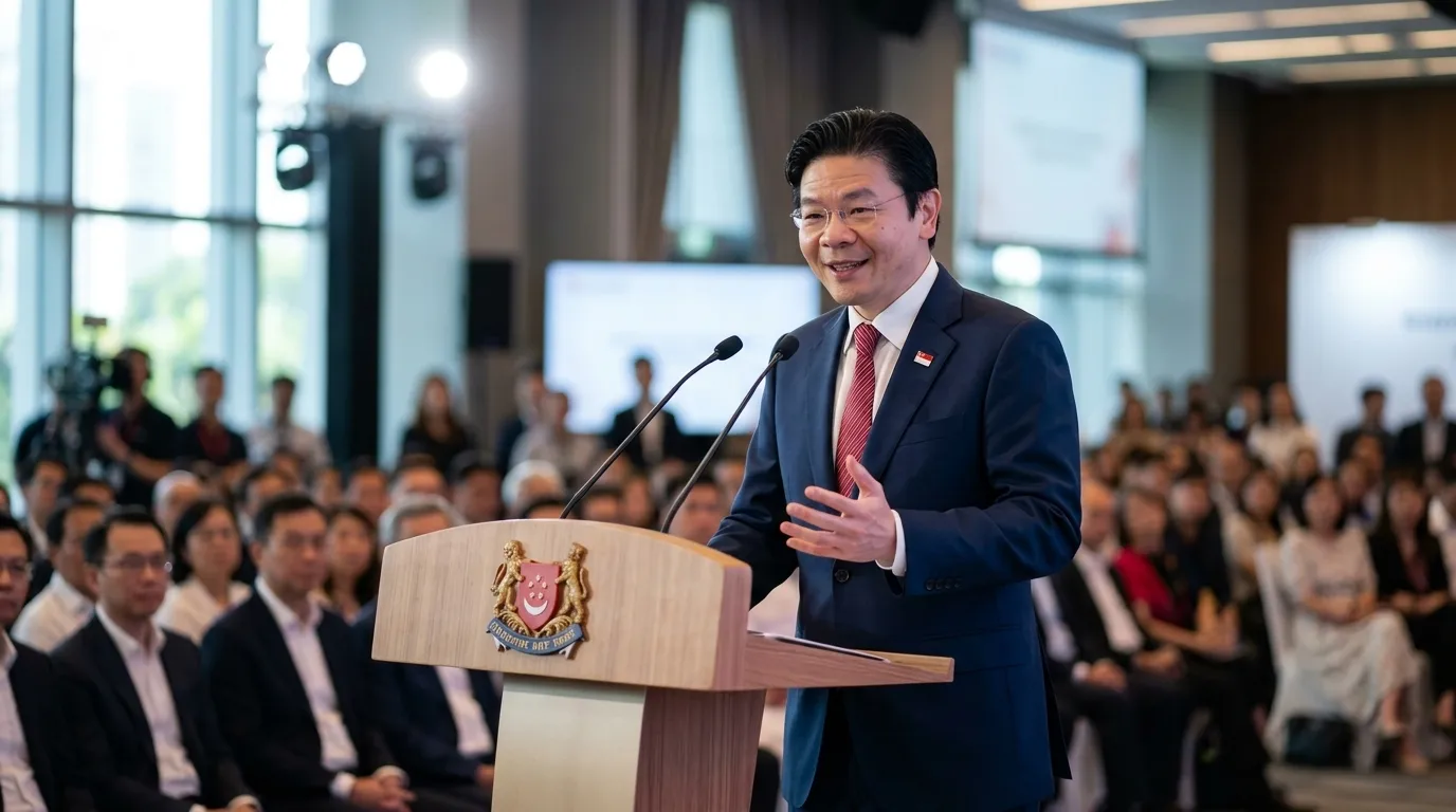 Prime Minister Lawrence Wong at an official podium, wearing a business suit, speaking confidently to an audience in a modern Singapore convention hall. Professional press