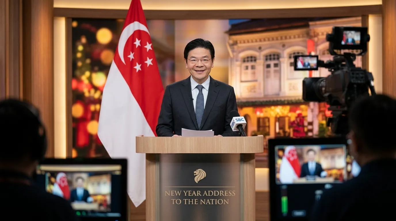 PM Lawrence Wong giving a New Year address to the nation on television — warm studio setting, Singapore flag prominently behind him, confident but approachable expression, professional suit, Singapore Broadcasting Corporation setting.