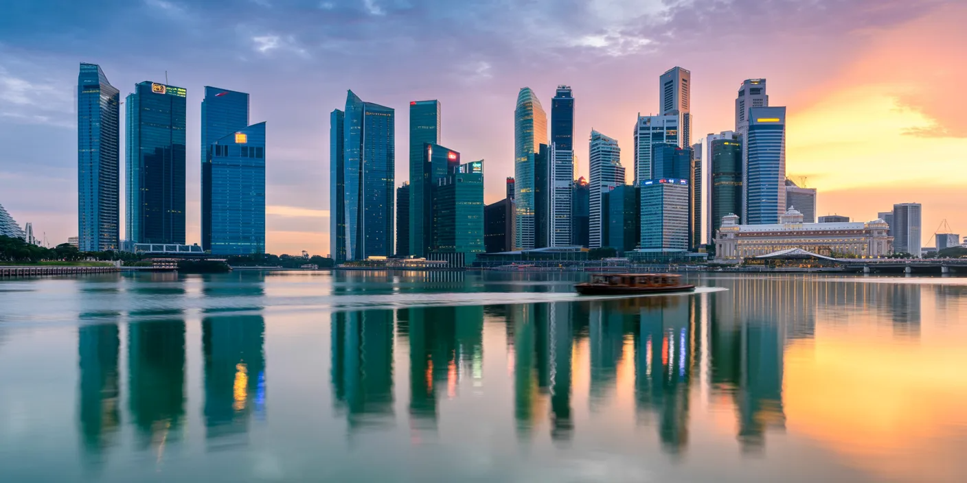 Singapore skyline at dawn — first light breaking over Marina Bay, calm waters reflecting the city's towers, a single boat crossing the bay, serene and optimistic mood.