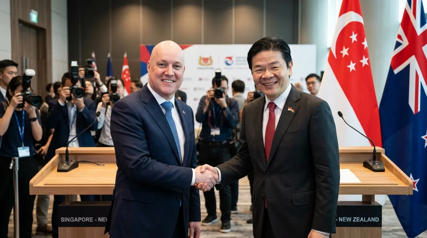PM Lawrence Wong and New Zealand PM Christopher Luxon shaking hands at a joint press conference in Singapore — both flags displayed, formal suits, warm diplomatic smiles, modern conference hall.
