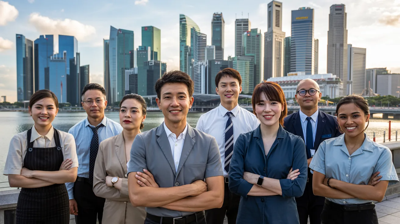 Diverse group of Singaporean workers — office professionals, service workers, construction workers, nurses — standing together confidently in front of a bright Singapore skyline.