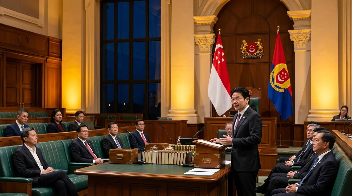 Singapore Parliament House at night, illuminated with warm golden light. Lawrence Wong at the dispatch box delivering the Budget speech.