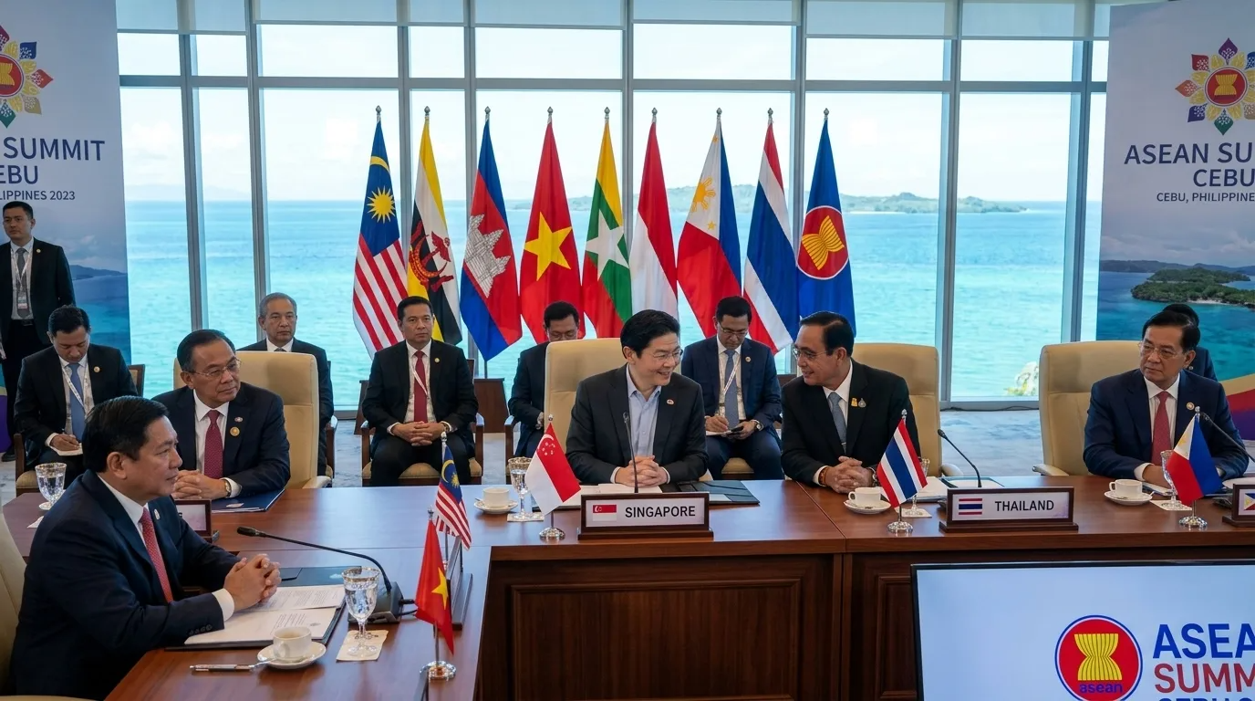 Group of ASEAN leaders gathered at a summit table in Cebu, Philippines — flags of Southeast Asian nations displayed, formal summit setting, Lawrence Wong in a diplomatic conversation with peers.