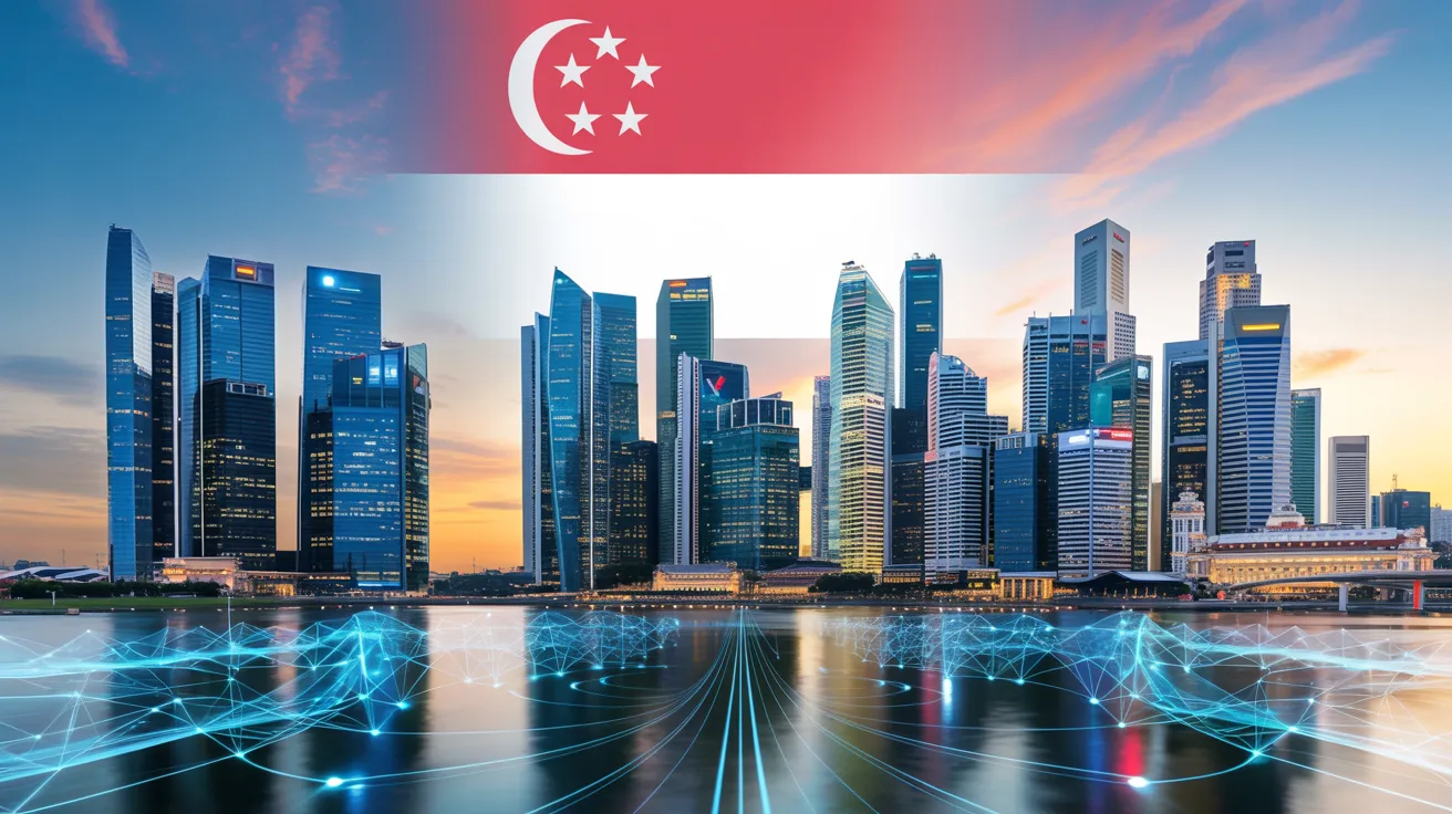 uturistic Singapore smart city at dawn — holographic AI data streams floating over the Marina Bay skyline, digital neural network patterns in blue and white light overlaying modern skyscrapers.