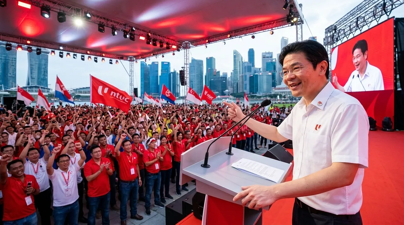 Lawrence Wong addressing a large crowd of workers at a May Day Rally — stage lit in warm red and white Singapore colours, union flags waving in the crowd, joyful workers cheering.