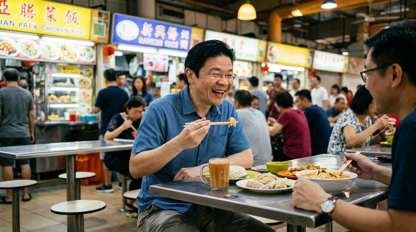 PM Lawrence Wong enjoying a casual meal at a Singapore hawker centre — relaxed expression, no formal attire, eating at a classic food court table with local dishes. Candid lifestyle photography,