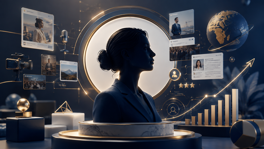 3D visual representing personal branding, media presence and professional influence
