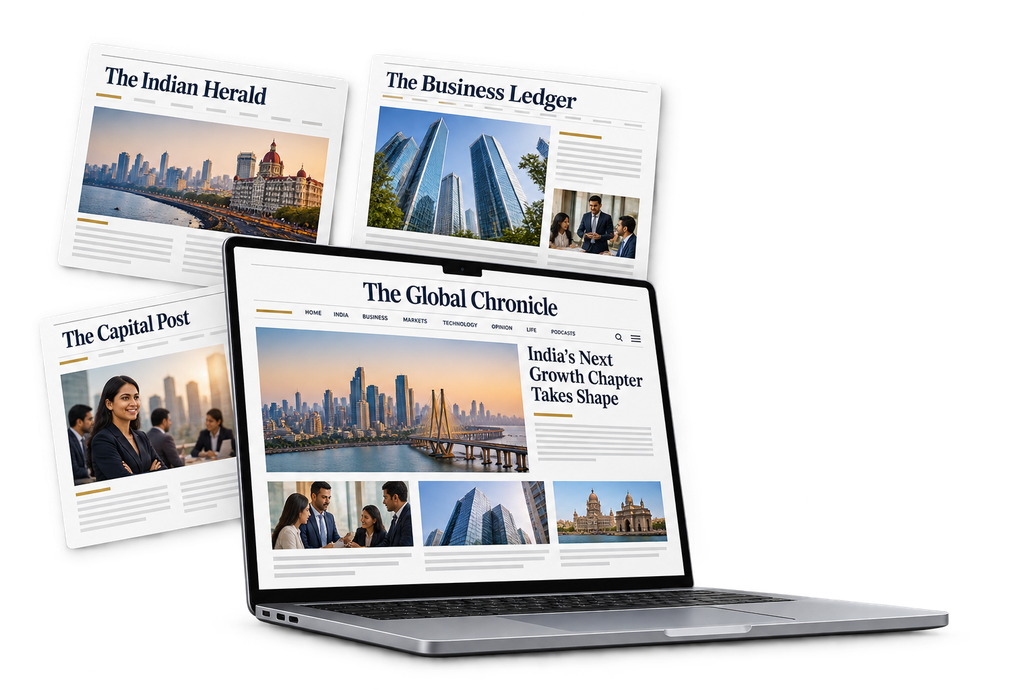 Illustrative laptop and fictional newspaper articles